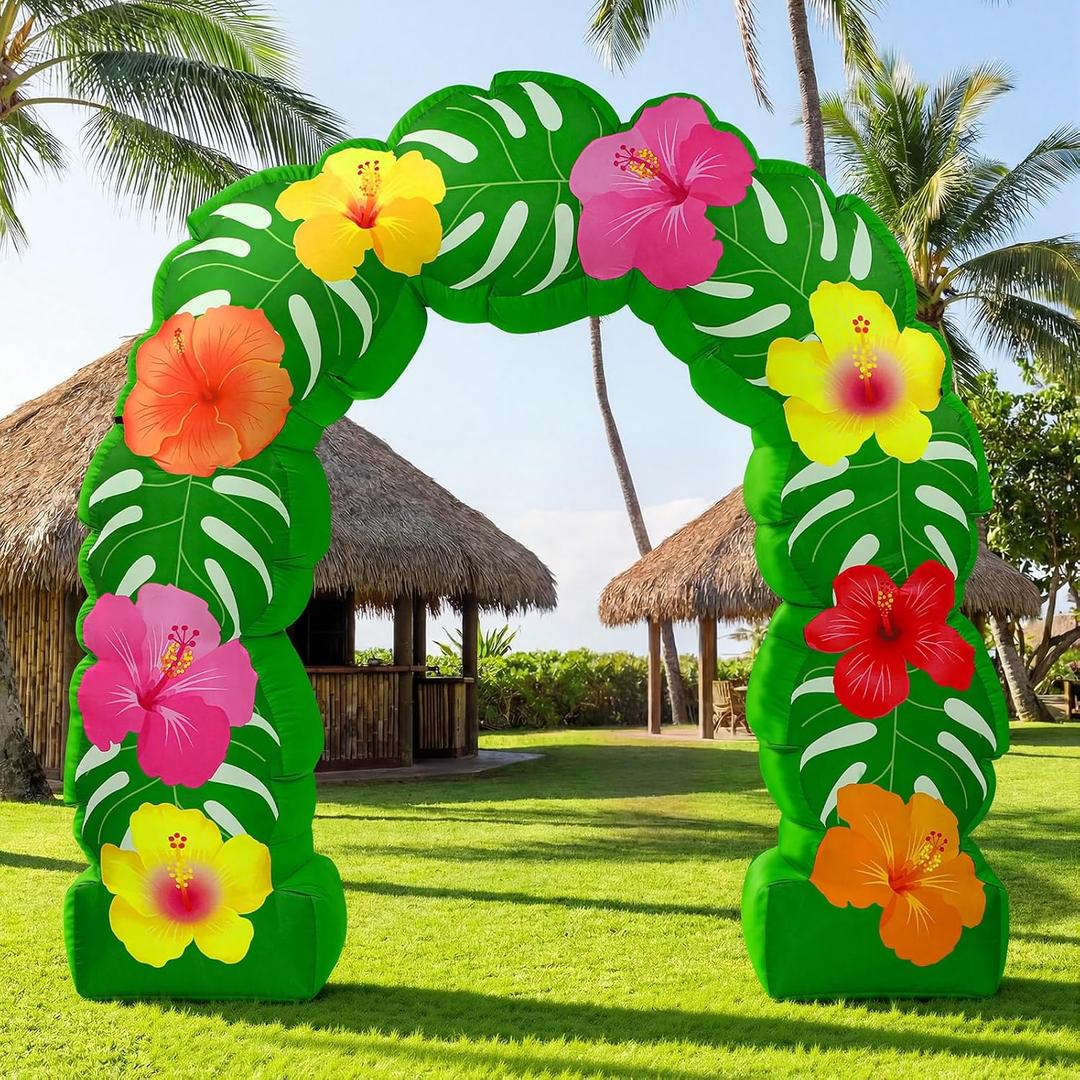Soulchen 8.2 ft Tropical Hawaiian Inflatable Arch Summer Luau Party Decoration Monstera Leaves Tropical Flowers Inflatable Archway Outdoor Large Hawaii Birthday Party Decor for Beach Luau Pool Patio