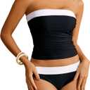 WDIRARA Women's 2 Piece Color Block Tankini Set Bandeau Strapless Ruched Bathing Swimsuit (X-Large, Black and White)