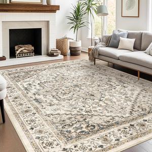 Washable Rugs 8'x10' Area Rugs for Living Room, Non-Slip Backing Large Rug,Vintage Floral Rugs,Ultra-Thin Indoor Rug Home Decor Soft Area Rug (Brown,8'x10')