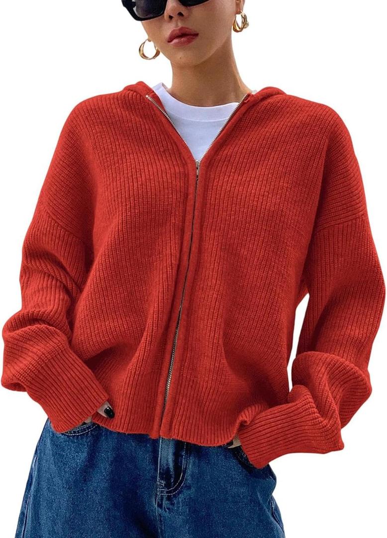 SOLY HUX Zip Up Cardigan for Women Hooded Cardigan Sweater Knitted Drop Shoulder Fall Clothes Winter Hoodies Outerwear (Medium, Plain Red)