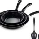 Nonstick Frying Pan Set - Iron Frying Pan 3-Piece Set (8", 10", 12") + 2 Silicone Spatulas, With Premium Nonstick Coating, Up to 450F, Skillet Suitable for Induction, Gas & More (Black)