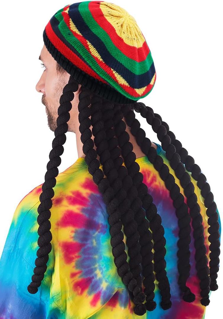 DIYDECAL Rasta Beanie Hat with Dreadlocks Wig Costume Dreads Hats (One Size, Colorful1)
