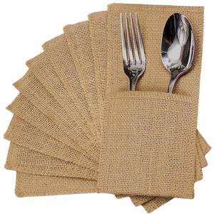 FQTANJU 50 Pcs Burlap Utensils Holders, 4"x8.8" Natural Jute Cutlery Pouch Silverware Holder Knives Forks Spoon Napkin Bag for Rustic Wedding Party Decorations favors