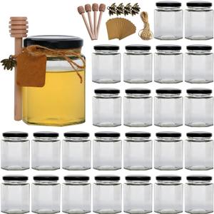 6 oz Hexagon Glass Honey Jars With Black Lids, Bronze Bee Pendants, Wooden Sticks, Small Tags, 1.5m Jute Twine - Clear for Honey, Jams, Liquid