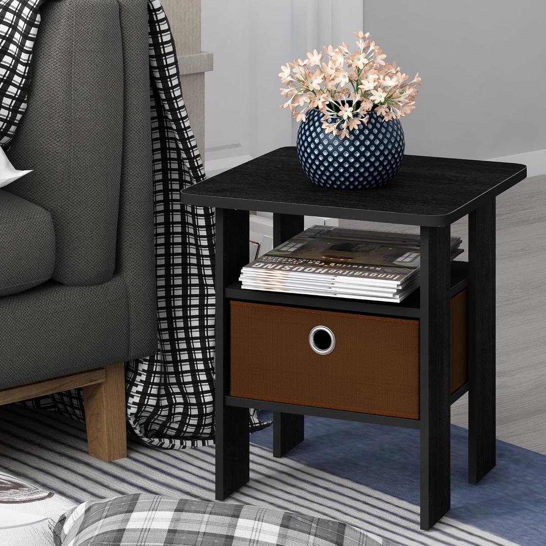 Furinno Andrey 3-Tier Square Side Table with Storage Bin, Dark Americano, 1-Pack, 3-Tier with Bin
