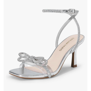 DREAM PAIRS Women's Double Bowknots Heels Open Square Toe Ankle Strap Crystal Rhinestone Dress Sandals for Party Wedding Size 7