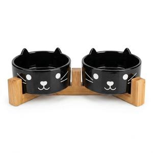 Ferrochef 2 Pcs 13.5 oz Ceramic Cat Food and Water Bowl with Elevated Wooden Stand,Cat Whiskers Pattern Cute Modern Pet Feeding Bowls for Cats(Black)