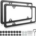 LIN KANG Carbon Fiber License Plate Frames - 2 Pack Black Aluminum Front & Rear Auto Car Tag Holder Covers Printed Carbon Pattern, 4 Hole Gloss Slim Frame with Fasteners and Screw Caps