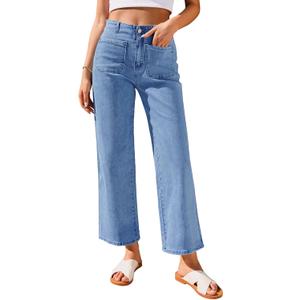 GRAPENT Wide Leg Jeans for Women High Waisted Straight Leg Stretchy Cropped Denim Pants with Pockets Jean Trousers (Small, Medium Blue)