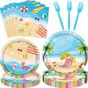 96 Pieces Summer Beach Tableware Set Party Supplies – Tropical Themed Disposable Dinnerware with Paper Plates, Napkins, and Forks for Picnics, Birthdays, Pool Celebrations – Serves 24
