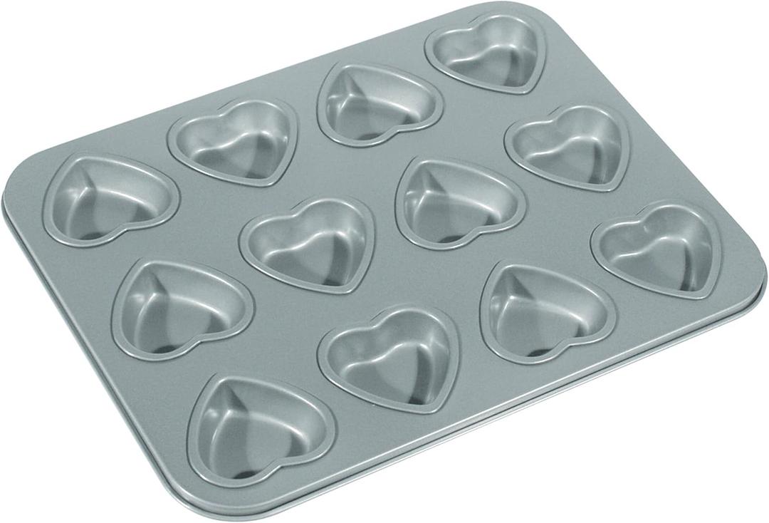 Fox Run Mini Heart Muffin Pan, 12-Cup, Preferred Non-Stick, Gray