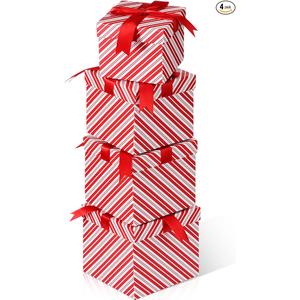 TaoBary 4 Pcs Christmas Nesting Gift Boxes Hard Xmas Stackable Red White Striped Decorative Boxes with Lids for New Year, Holiday, Birthday Party Gift Decor Supplies