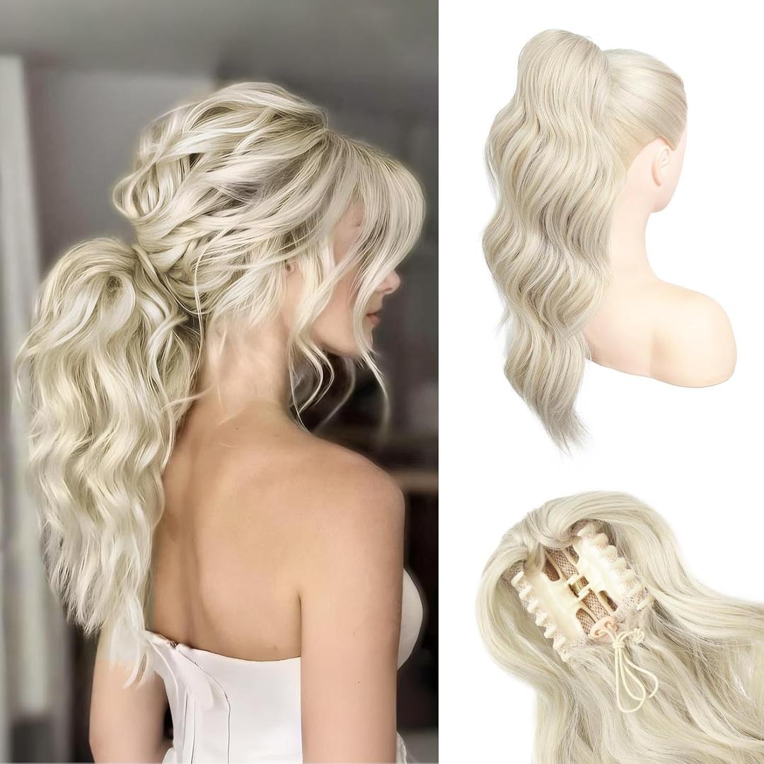 HOOJIH Clip in Ponytail Extension, Ponytail Extension 18 Inch Hair Ponytail Extension Wavy Ponytail Fluffy Soft Clip on Ponytail Synthetic Fiber Ponytail Hair Pieces for Women - White Blonde