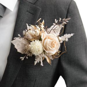 Ling's Moment Pocket Boutonniere Single, Boutonniere for Men Groom for Wedding, Prom, Homecoming, Anniversary, Graduation, etc.White Beige (6" W x 5" H)
