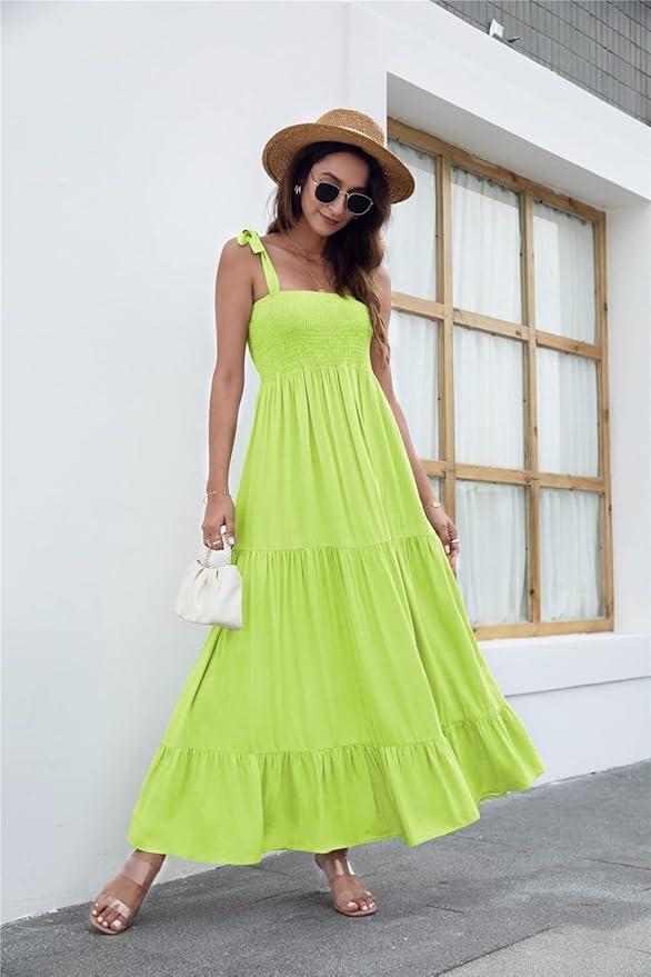 kinstell Women's Summer Boho Spaghetti Strap Square Neck Ruffle Casual Flowy Long Dress Beach Swing Party Maxi Dress (Large)