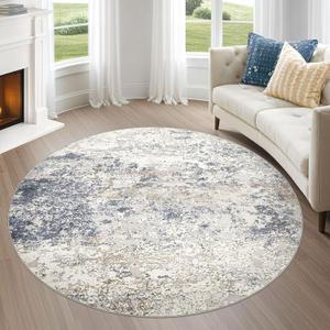 6ft Round Area Rug Living Room Rugs - 6x6 Washable Large Soft Indoor Modern Abstract Low Pile Rug Carpet for Bedroom Dining Room Farmhouse Home Office - Beige Blue