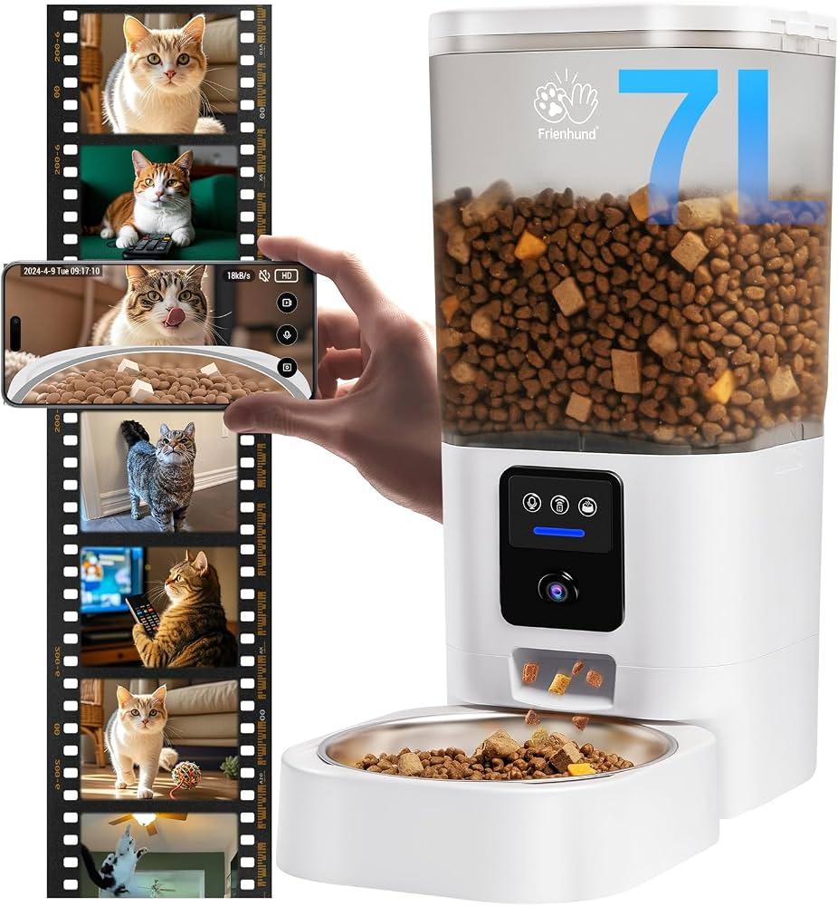 The Frienhund ACF100W Smart Pet Feeder with Camera is a 7-liter automatic pet feeder designed for cats, small dogs, and small pets. It features dual-band Wi-Fi support, a 1080p HD night vision camera, and remote app control.