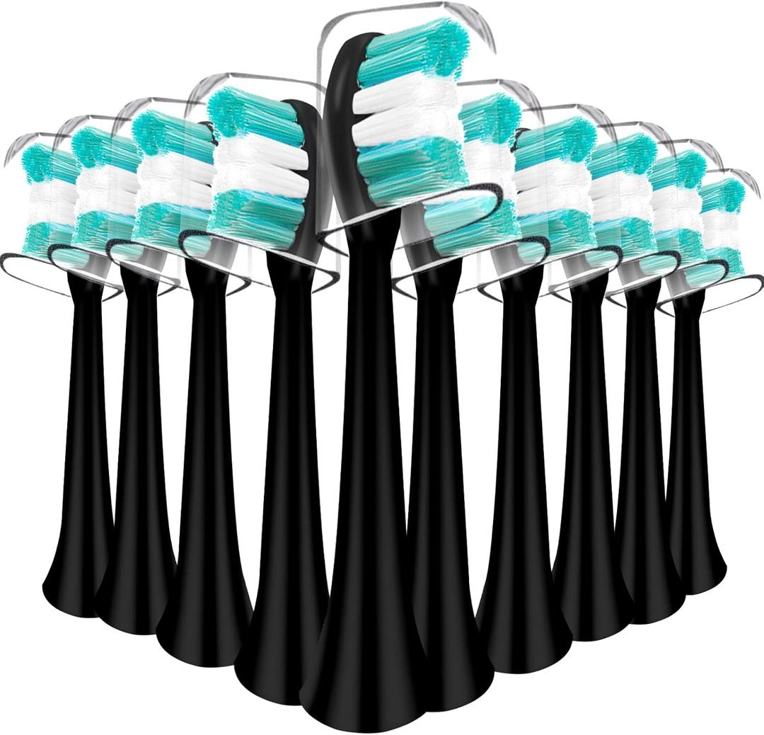 Replacement Toothbrush Heads Compatible with AquaSonic Black Series Vibe Series Electric Toothbrush, Curved Shape Design Planted with Nylon Bristle (Black) 10pc