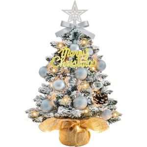 Tabletop Christmas Tree with Lights 22 Inch Mini Artificial White Christmas Tree with 30 LED String Lights, Star Tree, Tabletop Small Xmas Tree for Holiday Indoor DIY Christmas Decor
