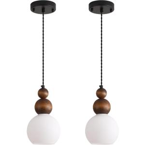 2 Pack Rustic Farmhouse Wood Pendant Light Fixture One-Light Adjustable Oak Wood and Milk Glass Shade Gourd Small Pendant Lighting for Kitchen Island Sink Hallway Bathroom Bar Farmhouse, Black