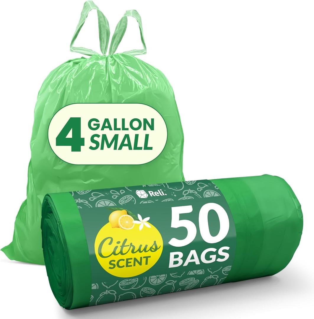 Reli. 4 Gallon Bags Drawstring (50 Count) | Citrus Scented Small Bags | Garbage Liners for Bathroom Can | 2 Gal - 3 Gallon - 4 Gal Small Can Liners (Green)