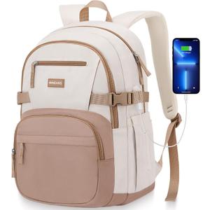 Backpack for School Girls, Cute High School Backpacks for Teens Women Student Large Bookbag 15.6 Inch Laptop Bag with USB Charger Port for College Work Travel Trip (Khaki Beige)