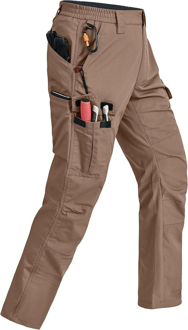 Mens Cargo Pants Ripstop Breathable Tactical Hiking Pants with 7 Pockets | Heavy Duty Multi Pockets Relaxed Fit Breathable Hunting Working Carpenter Construction Water Resistant Waterproof Outdoor (Brown, 32W-34L)