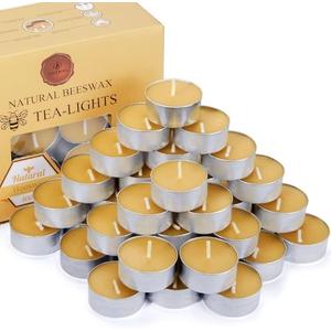 Natural Beeswax Tea Candles in Metal Aluminum Cup - Organic Mini Beeswax Candle Natural Scent Smokeless 4-5 Hours Long Burning - Yellow, Pack of 24