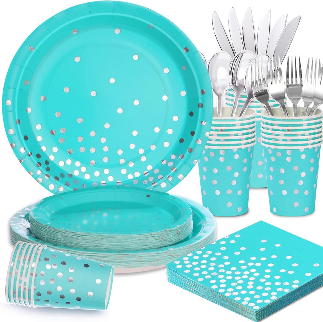 175PCS Teal Party Decorations, Turquoise Paper Plates Serve 25, Teal Plates and Napkins With Silver Plastic Silverware for Birthday, Graduation Party, Wedding, Baby Shower