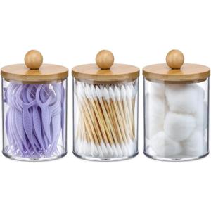 3 Pack Qtip Holder Dispenser with Bamboo Lids - 10 oz Clear Plastic Apothecary Jar Containers for Vanity Makeup Organizer Storage - Bathroom Accessories Set for Cotton Swab, Ball, Pads, Floss