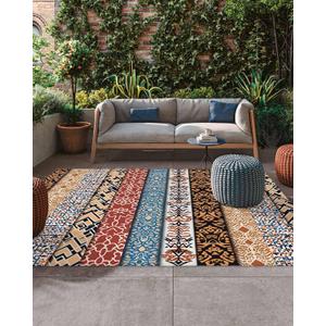 4x6 Large Area Rug Ethnic Retro Floral Waterproof Outdoor Patio Rug for Camping RV, Boho Stitching Stripe Indoor Outdoor Carpet,Washable Outdoor Mat for Porch/Deck/Backyard/Balcony/Living Room