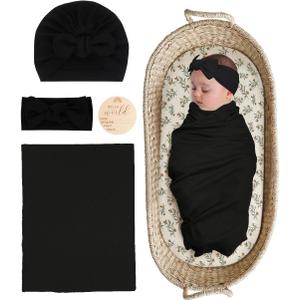 Stretchy Baby Swaddle Blanket and Headband Set, Newborn Receiving Blankets with Matching Hat for Nursery Swaddle Wrap (Black)
