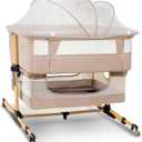 Baby Bassinet, 3 in 1 Bedside Sleeper with Mattress and Mesh Sides, Mosquito Net, Storage Basket, with Rocking Function, 5-Height Adjustable, Easy Assemble Crib for Newborn, Pink