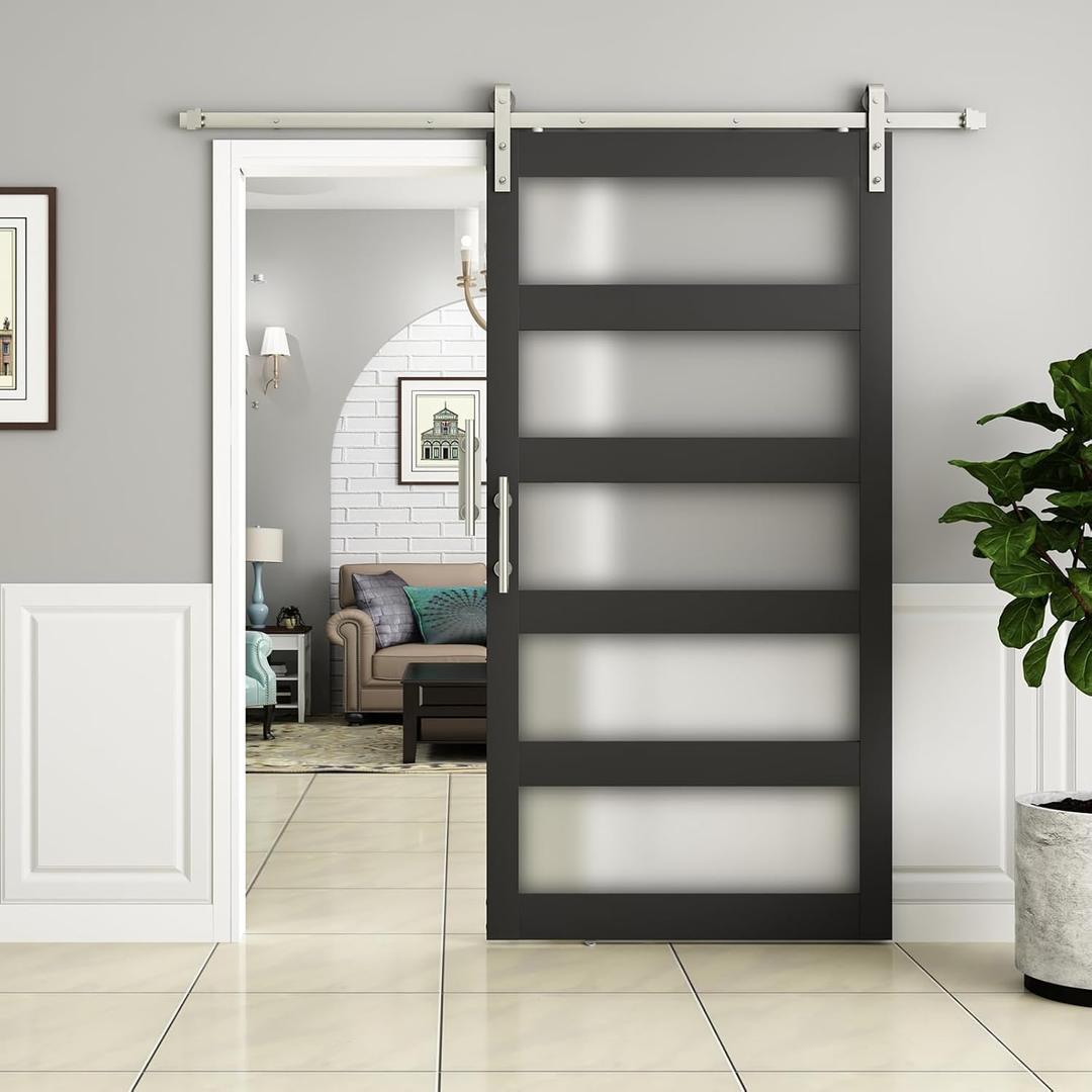 BARNSMITH 48in x 96in Glass Barn Door with 8FT Nickle Sliding Door Hardware Included, 5-Panel Frosted Glass Sliding Barn Door, Solid Wood Covered with Water-Proof PVC Surface, Easy Assembly, Black