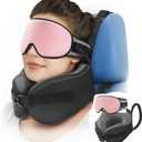 YFONG Travel Pillow for Long Flight Airplanes, Head Strap Combo with 3D Contoured Eye Mask for Sleep, Neck Pillow for Car Trip Essential, 360 Support Memory Foam Headrest, Prevent Head Bobbing, Pink