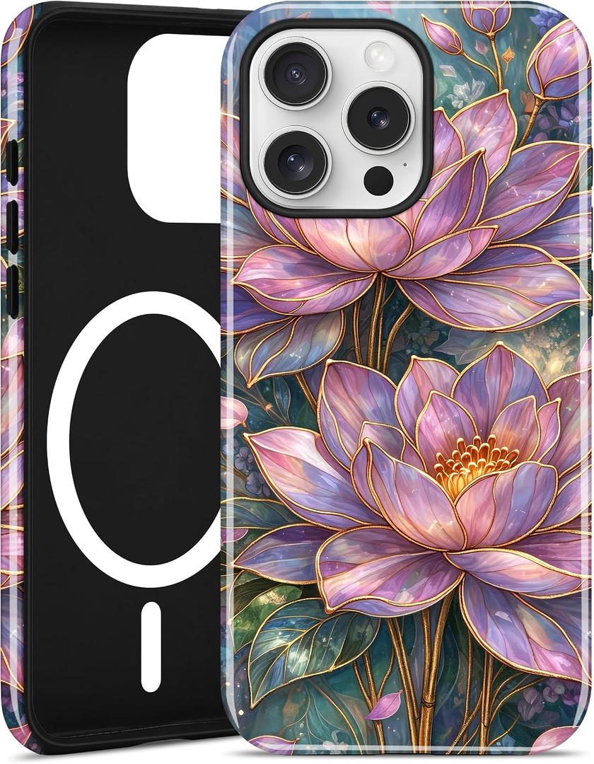 Jusy Compatible with MagSafe Lotus Case for iPhone 15 Pro, Aesthetic Stained Glass Floral Magnetic Phone Case, Soft TPU and Hard PC Protective Cover for Women Girls (Shiny) -Lotus