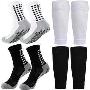 KMOLY 1 Set Kids Grip Soccer Socks and Shin Guard Sleeves for Age 7-14 Youth Boys Children Football Basketball Training Black+White