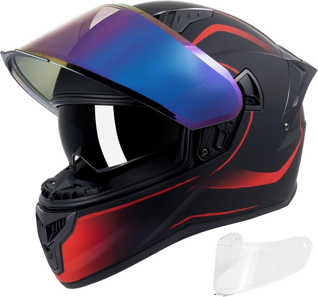 Full Face Motorcycle Helmets for Adult Men Women, DOT Approved Street Bike Racing Helmet Dual Visor Quick Release Buckle, Motorbike ADV Moped Helmet with Extra Clear Visor, Matte Black Red, Small