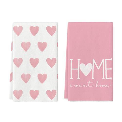 Artoid Mode Pink Heart Love Home Sweet Home Valentine's Kitchen Towels Dish Towels, 18x26 Inch Anniversary Wedding Decoration Hand Towels Set of 2