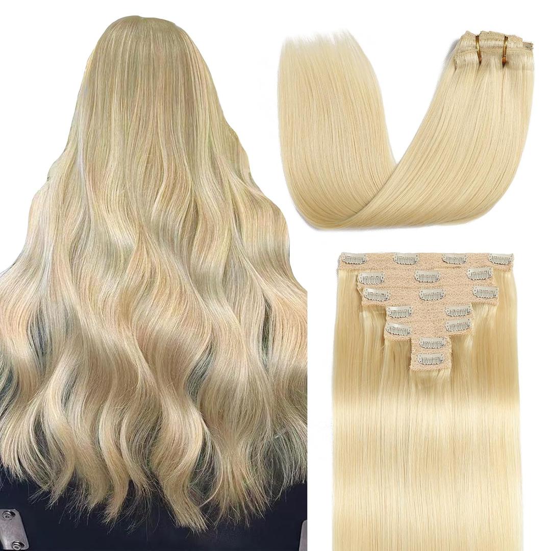 Sisily Clip in Hair Extensions Real Human Hair, 22 inch 120g, Bleach Blonde, 100% Brazilian Remy Human Hair Clip in Extensions Soft Straight 7pcs Per Set with 16 Clips Double Weft