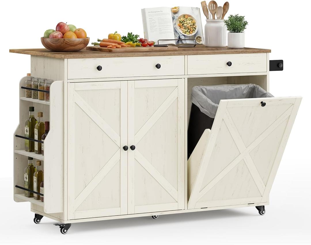 VASAGLE Mobile Kitchen Island with Trash Can Storage, Drop Leaf, Portable Island with Spice Rack, Mobile Cart with Storage Cabinet, for Dining Room, Rustic White and Honey Brown UKKI014WJ01S, x 56.9"w x 35.7"h