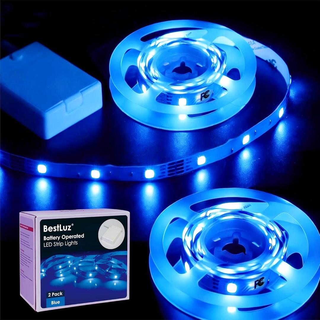 BestLuz Battery Operated LED Strip Lights 2X 3.33ft Flexible Blue LED Light Strip for Bedroom Room Decor, Battery Powered Lighting for Cabinet Shelf Closet TV Backlight