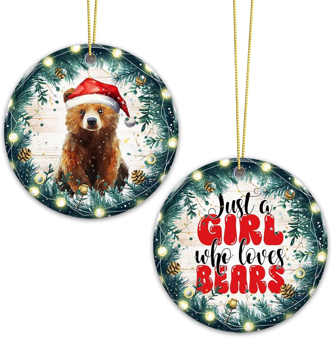 3 x Bear Ornament 2025 Just a Girl Who Loves Bears Cute Animal Ceramic Ornament with Santa Hat Bear Artwork, Holiday Tree Decoration & Gift for Girl Lover Bear