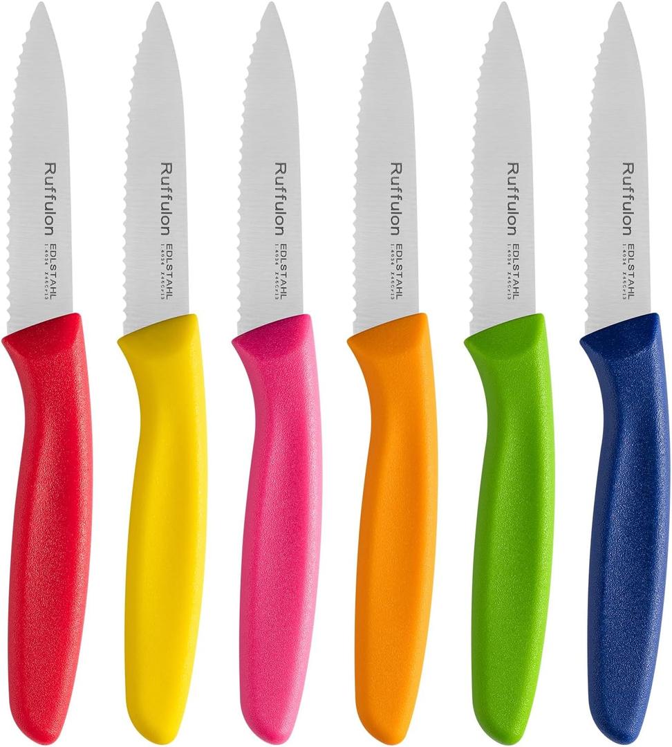 Stainless Steel Paring Knife With Serrated Blade, 6 Pieces Set Vegetable and Fruit Knife, Ultra Sharp Small Kitchen Knife, Colorful Paring Knives with PP Plastic Ergonomic Handle.