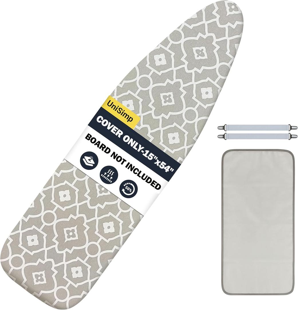 UniSimp Ironing Board Cover and Pad 15"x54" Extra Thick Natural Cotton, Scorch and Stain Resistant Padding, Standard Size Iron Board Cover with Fasteners Heavy Duty Elastic Edge, Heatproof Geometric