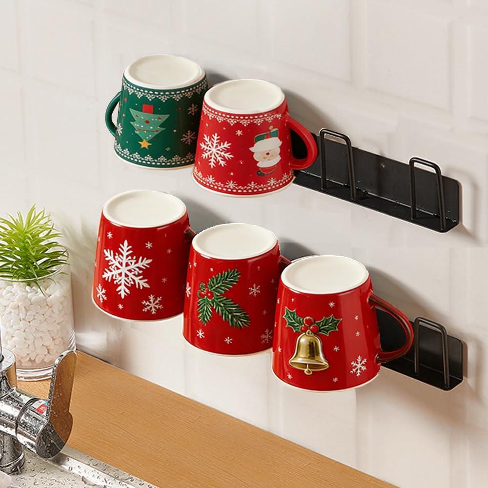 2pcs Mug Hooks Wall-Mounted Mug Holder, Coffee Cups Holder Hanger no Drilling,Mug Rack Hooks with 4 Cup Holders,Cups Storage Hooks for Kitchen, Living Room, Office (Black)