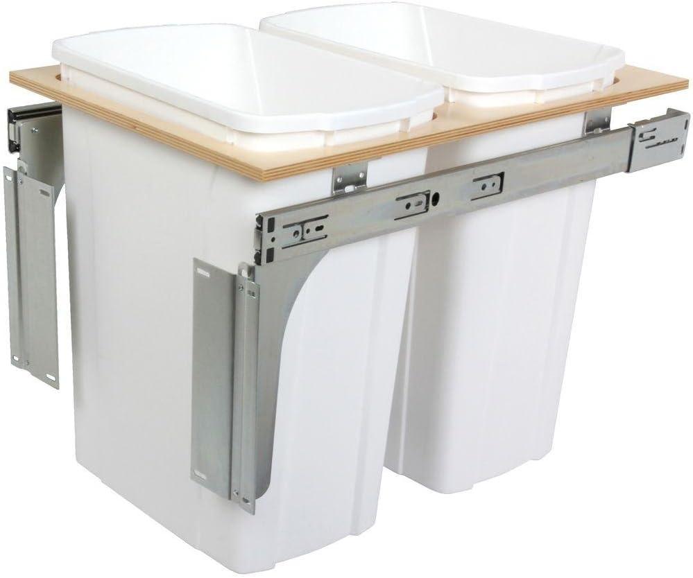 Knape & Vogt 35 Qt. Double Top Mount Pull Out Trash Can, in-Cabinet Kitchen Garbage, D Steel, 18 in. H x 15 in. W x 23 in., White