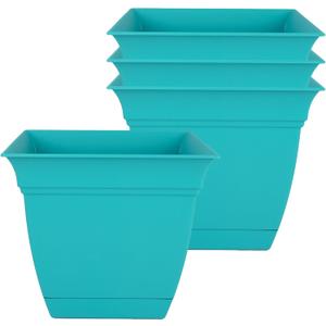 The HC Companies Eclipse Square Plastic Planter w/Attached Saucer - Outdoor & Indoor Plant Pot with Drainage Holes - Lightweight, UV-Resistant Plastic Pots for Plants (6" Teal, Pack of 4)
