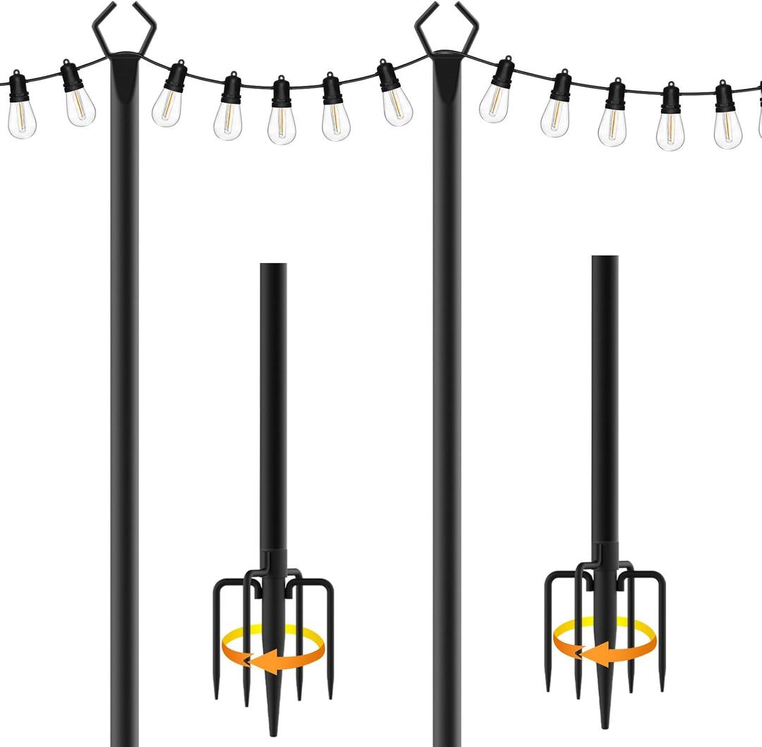 2 Pack 10 ft Heavy Duty Metal String Light Poles Adjustable Outdoor Lighting Stand for Patio, Backyard, Garden, Party & Wedding Rustproof & Sturdy with Hooks