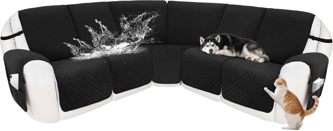 Reclining Sectional Couch Covers 100% Waterproof Velvet L Shape Recliner Sofa Cover for Dogs Pets Washable Anti Slip Recliner Slipcovers with Pockets (5 Seat Sofa, Black)